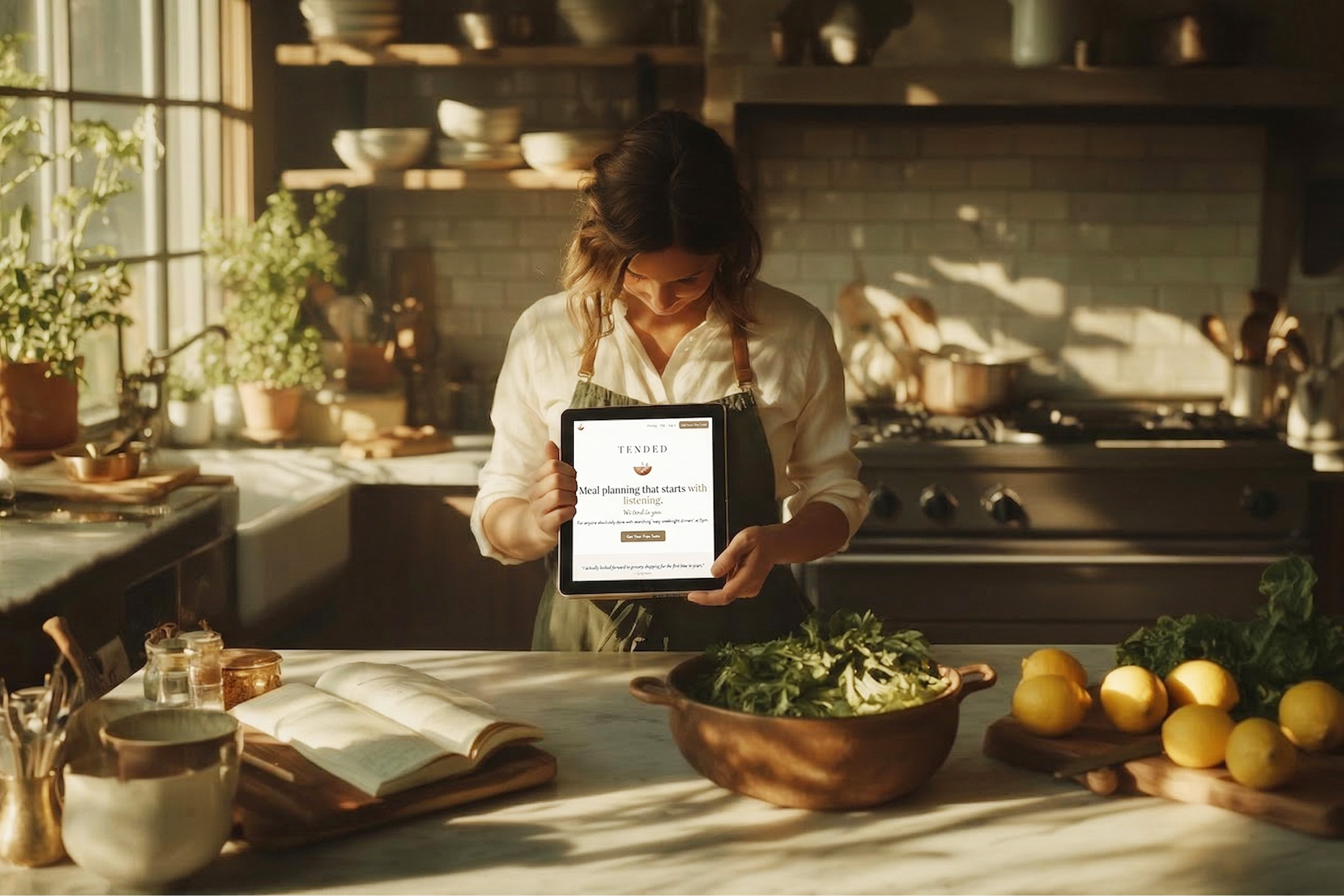 Tablet on kitchen counter displaying Tended meal planning app surrounded by fresh ingredients