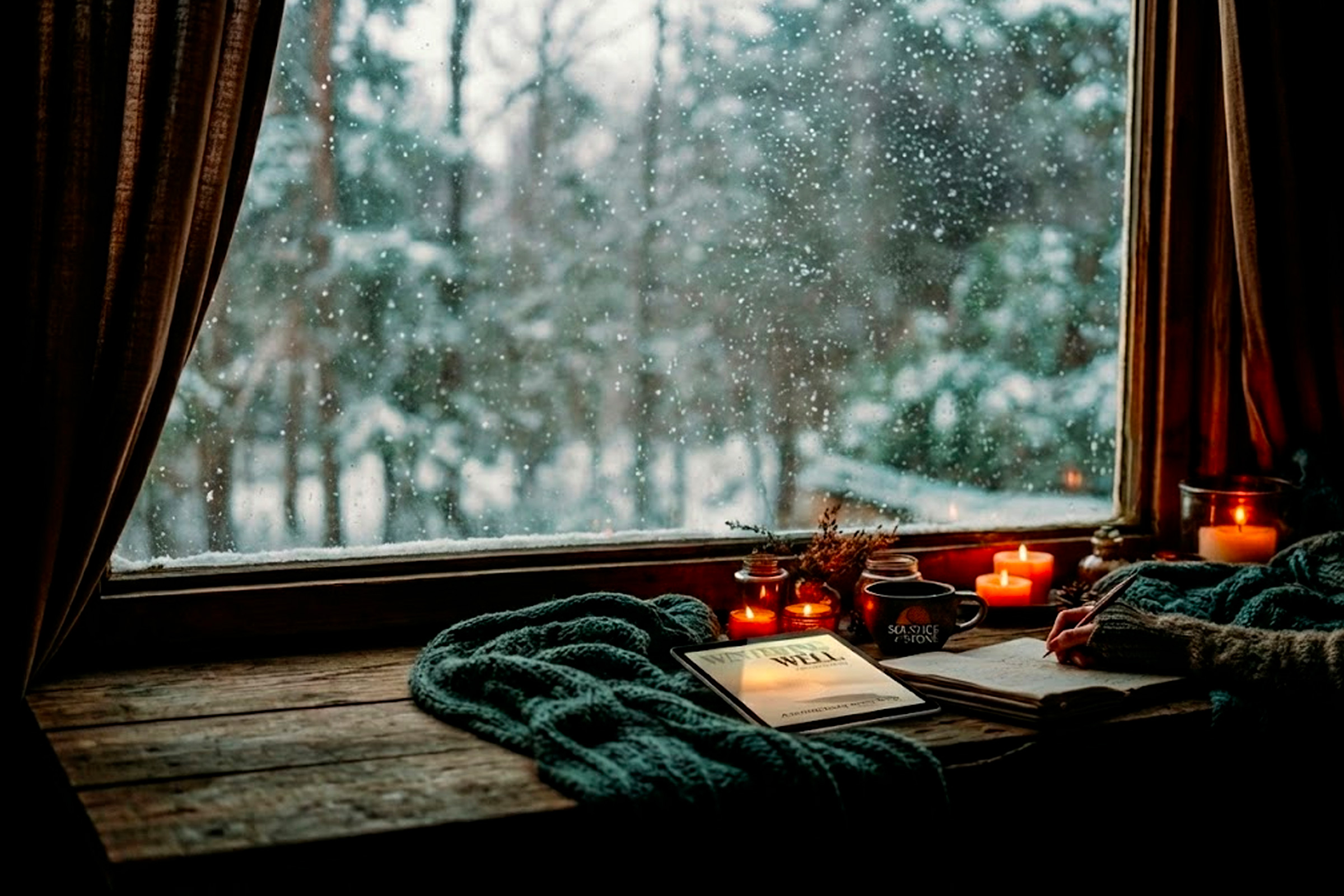 Wintering Well book alongside candles and journal in cozy winter window scene